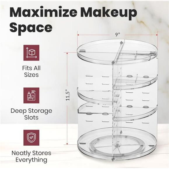 Rotating makeup organizer clear 360 spinning cosmetic storage for vanity counter - Picture 2 of 7